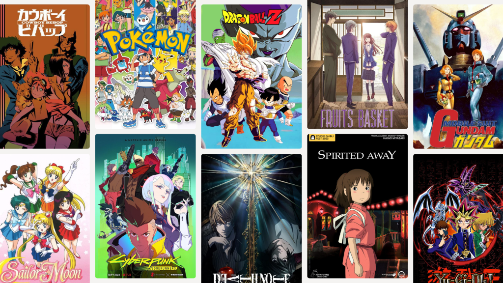 A collage of anime series titles, including: Cowboy Bebop, Pokemon, Dragon Ball Z, Fruits Basket, Mobile Suit Gundam, Sailor Moon, Cyberpunk Edgerunners, Death Note, Spirited Away, and Yu-Go-Oh!