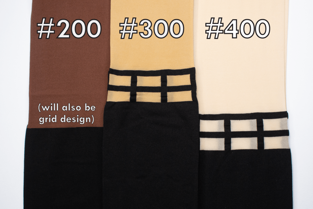 Faux thigh high tights color options: #200 is a dark brown, #300 is a tan beige, and #400 is a pale ivory.