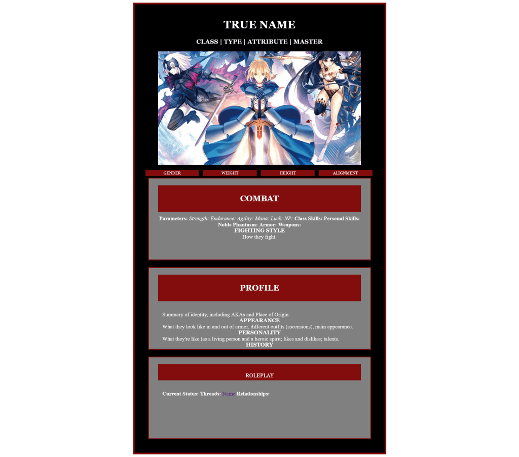 Screenshot of a character profile template for roleplay forums.